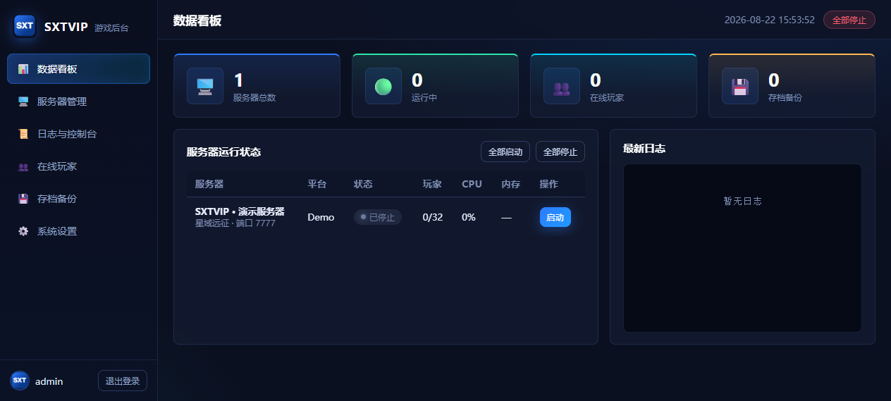 SXTVIP 游戏服务器管理系统数据看板界面